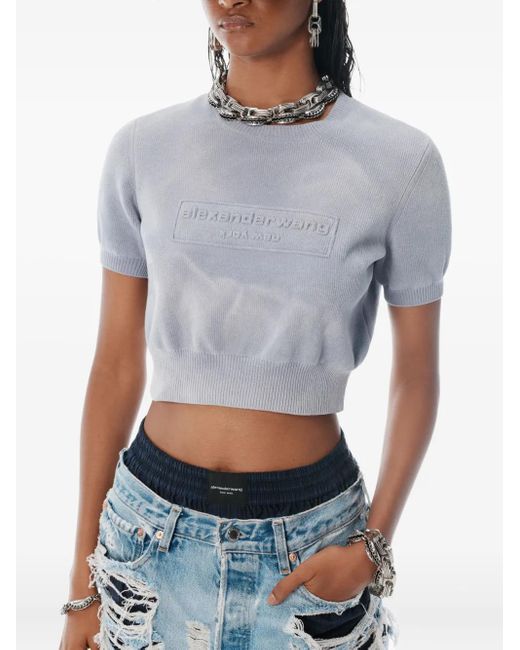 Alexander Wang Blue Logo-Embossed Cropped Knit Top