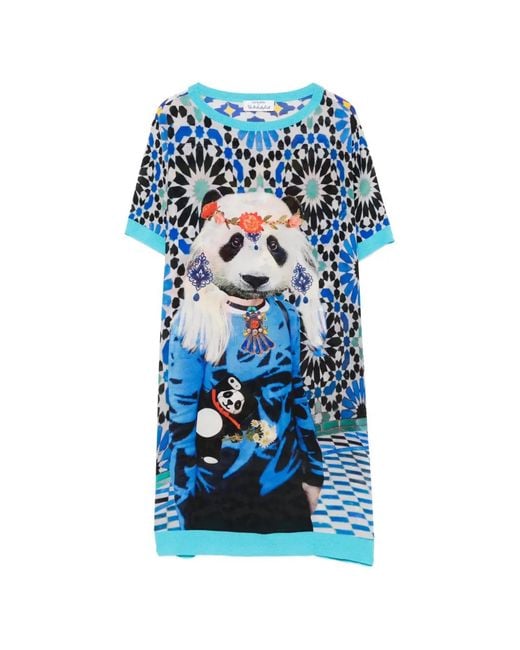 The Artistylist Blue Panda-Print Silk Mini Dress