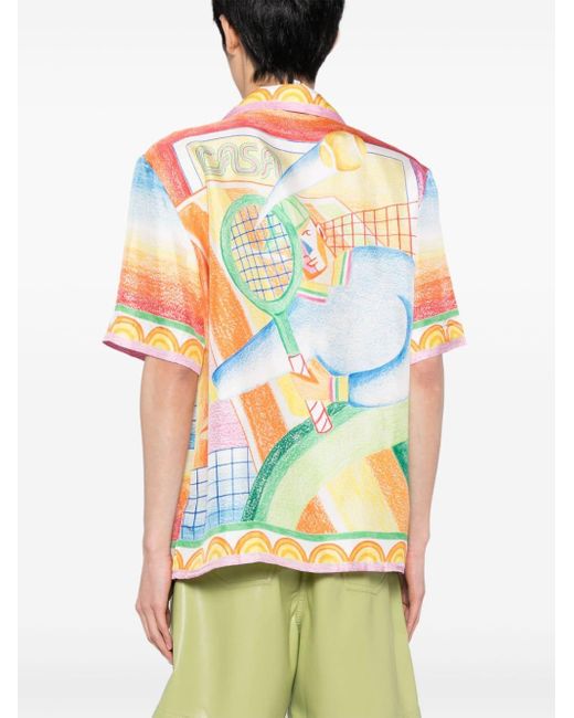 Casablancabrand Blue Crayon Tennis Player Silk Shirt for men