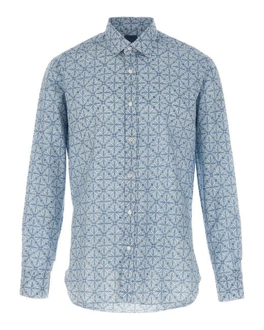 Barba Napoli Blue Patterned Long-Sleeve Shirt for men