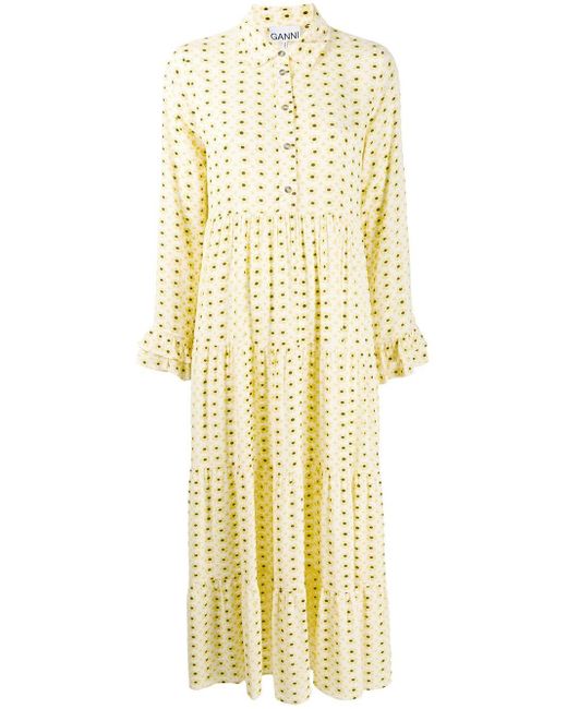 Ganni Yellow Floral Print Shirt Dress
