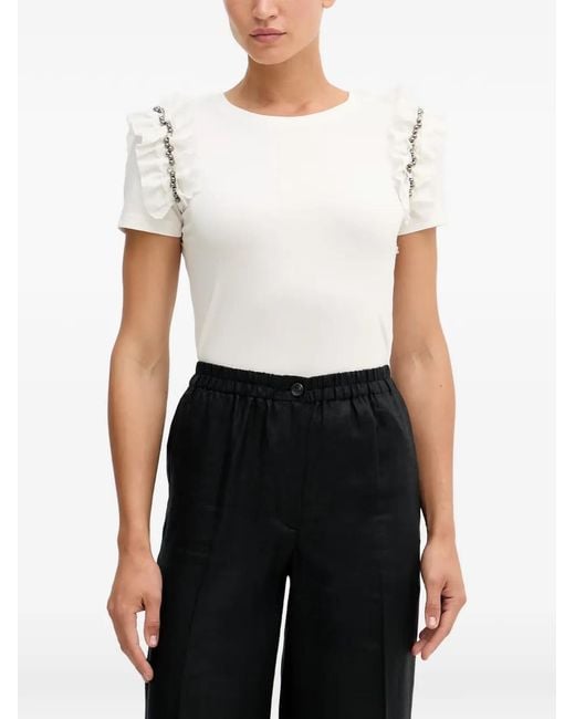 GAUDI White Ruffled Bead-Embellished T-Shirt