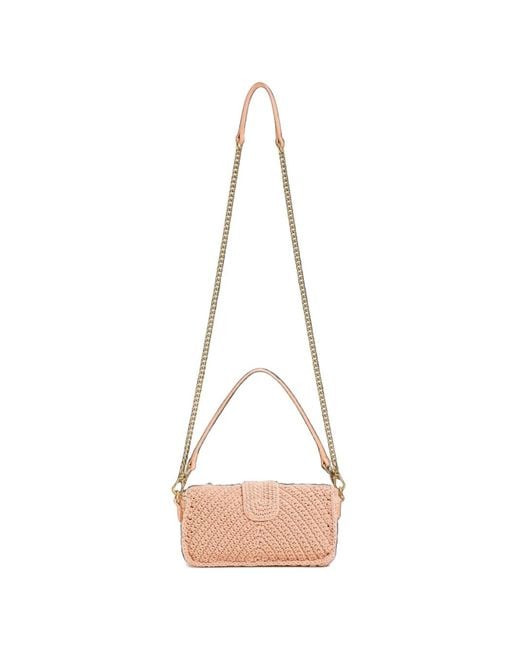 Twinset Natural Crochet Shoulder Bag With Rhinestones