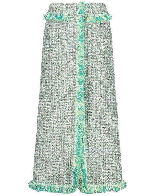 Giambattista Valli Green Frayed-detail Tweed Skirt