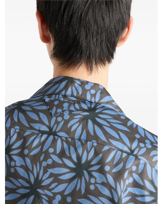 Prada Blue Printed Cotton Bowling Shirt for men