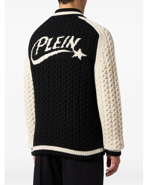 Philipp Plein Black Plein Star Knitted Bomber Jacket for men