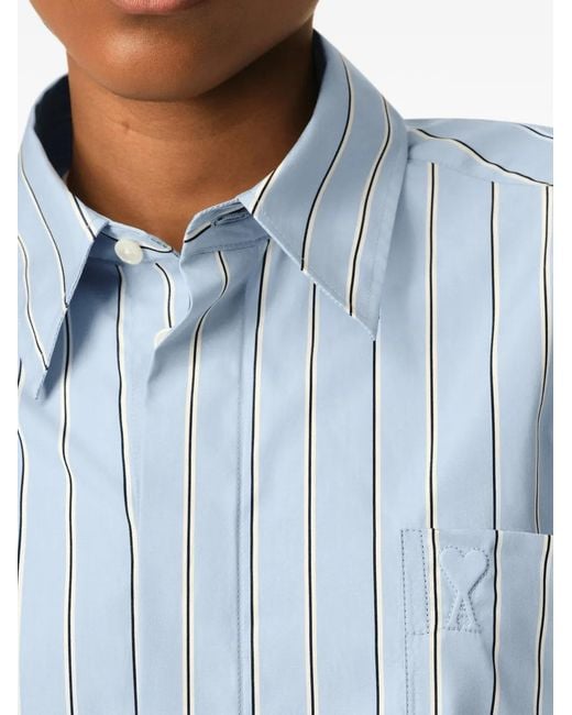 AMI Blue Large Striped Cotton Short-Sleeve Shirt With Embossed Logo