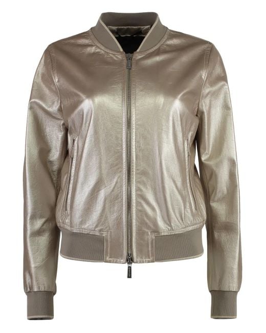 Moorer Leren Bomberjack Met Metallic-Effect in het Brown