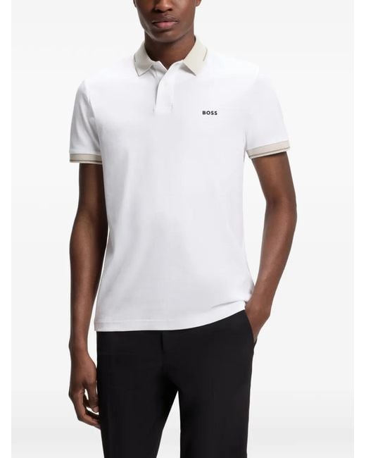Boss White Logo-Print Polo Shirt for men
