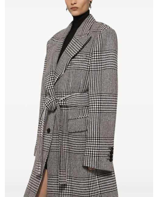Dolce & Gabbana Gray Houndstooth Wool Coat with Belt