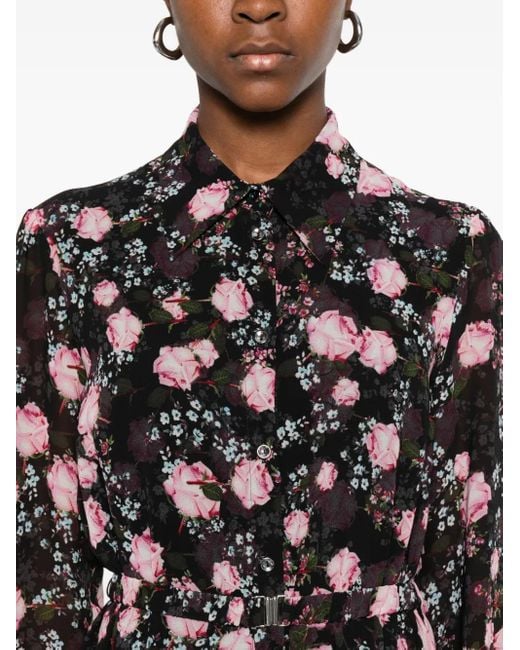 Nissa Black Floral-Print Pleated Dress