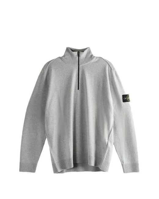 Stone Island Gray Compass-Patch Zip-Neck Sweater for men