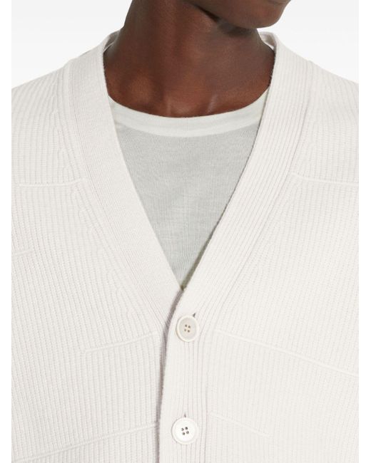 Zegna White Ribbed Knit V-neck Cardigan for men