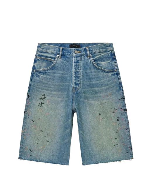 Purple Brand Blue Beaded Splatter Raw-Cut Shorts for men