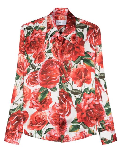 Canaku Red Roses-print Silk Shirt for men