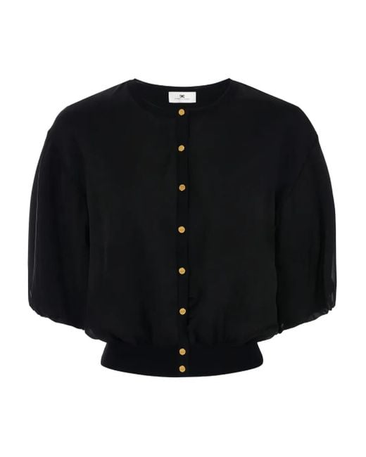 Elisabetta Franchi Black Jewel-Button Puffed-Sleeve Cardigan