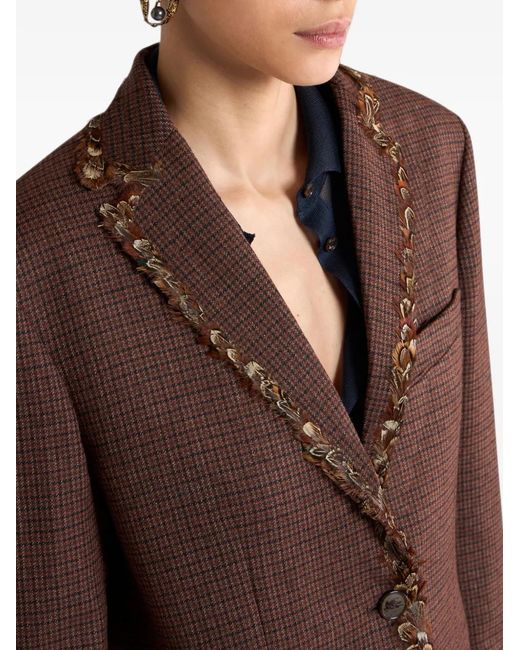 Etro Brown Single-Breasted Wool Jacket With Pheasant Feathers And Micro Houndstooth Motif