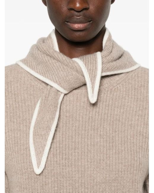 Sandro Natural Ribbed-Knit Scarf-Detail Wool Sweater