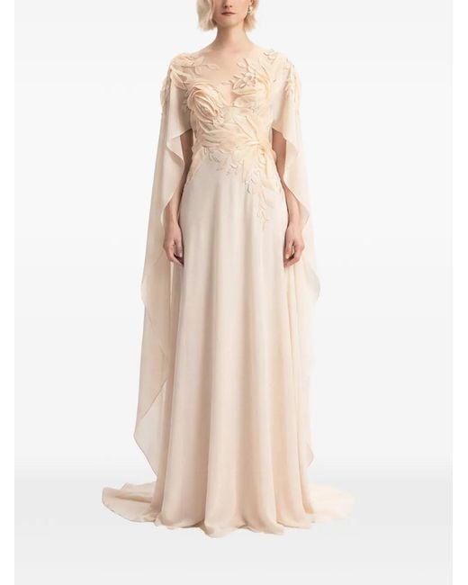 Gemy Maalouf Natural Embroidered Ruffled-Sleeve Dress