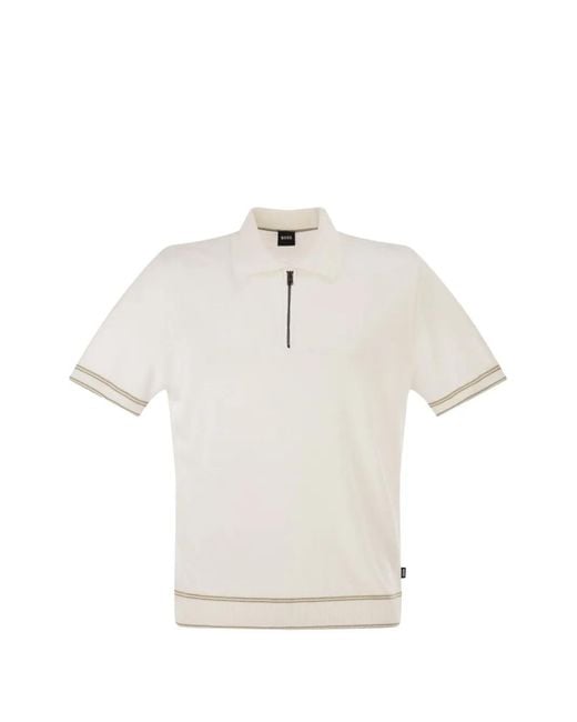 Boss White Half-Zip Striped-Trim Polo Shirt for men