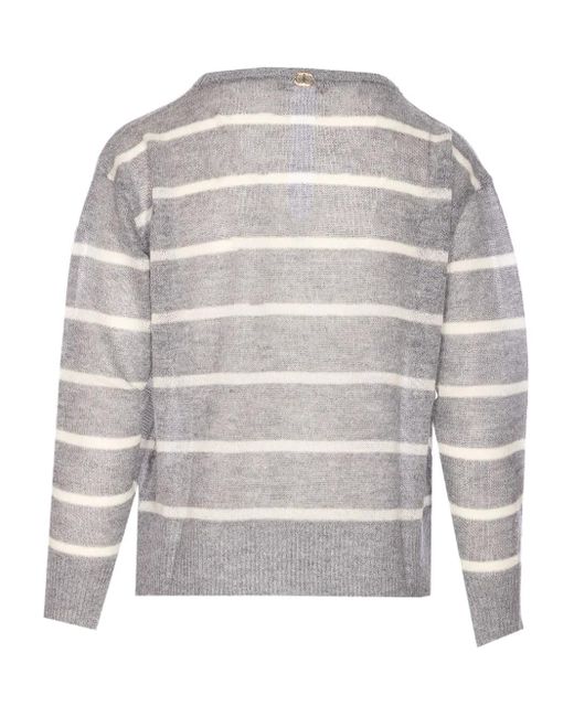 Twinset Gray Striped-Pattern Lace-Embellished Sweater