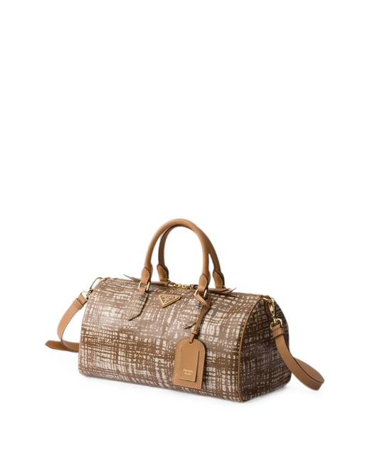 Prada Brown Medium Linen Blend And Leather Top-Handle Bag