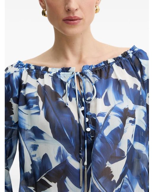 Guess Blue Leaf-Print Ruffled Blouse