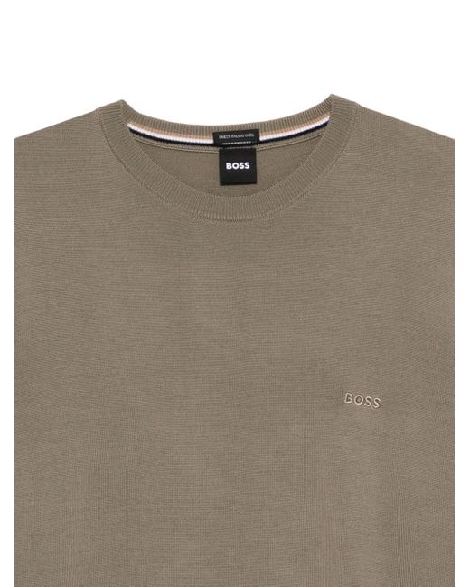 Boss Brown Logo-Embroidered Crew-Neck Sweater for men