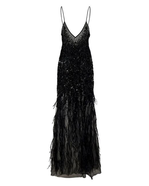 ROOM76 Black Sequin-Feather Embellished V-Neck Dress