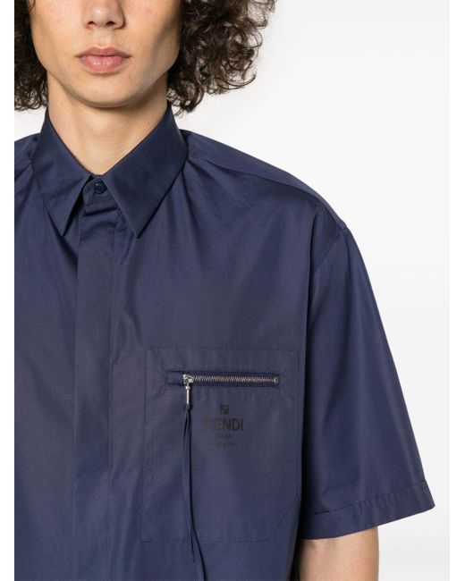 Fendi Blue Short-sleeve Cotton Shirt for men