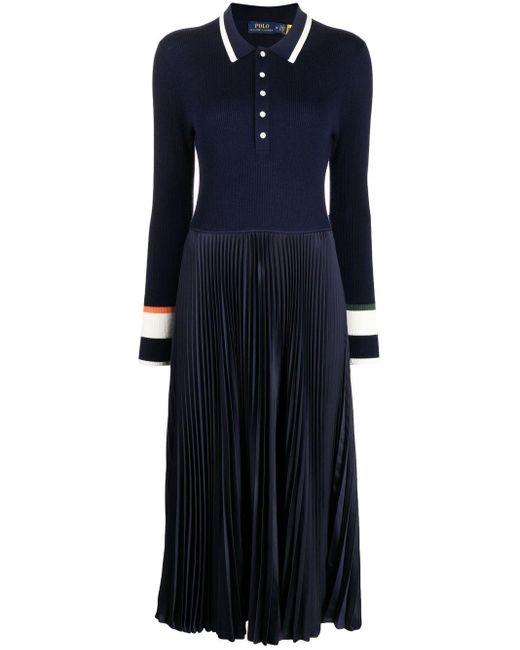 Polo Ralph Lauren Wool Pleated-skirt Polo Midi Dress in Blue | Lyst
