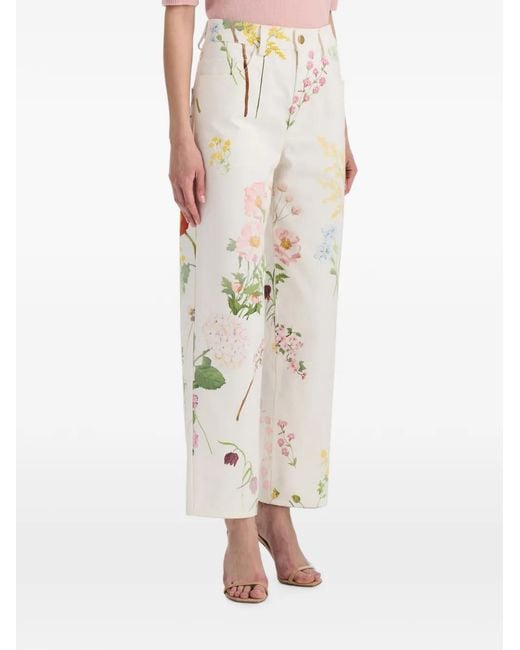 Oscar de la Renta White Botanical-Print Straight-Leg Jeans