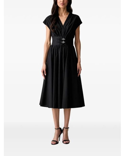 Morgan Black Buckle-Detail Flared Midi Dress