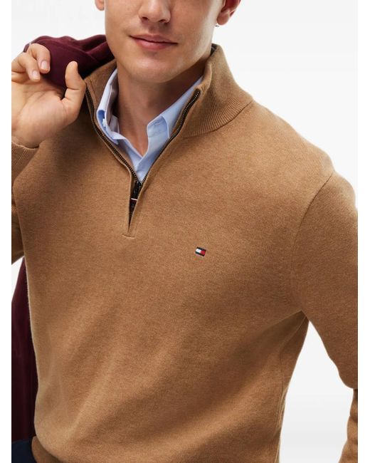 Tommy Hilfiger Brown Quarter-Zip Logo-Embroidered Sweater for men