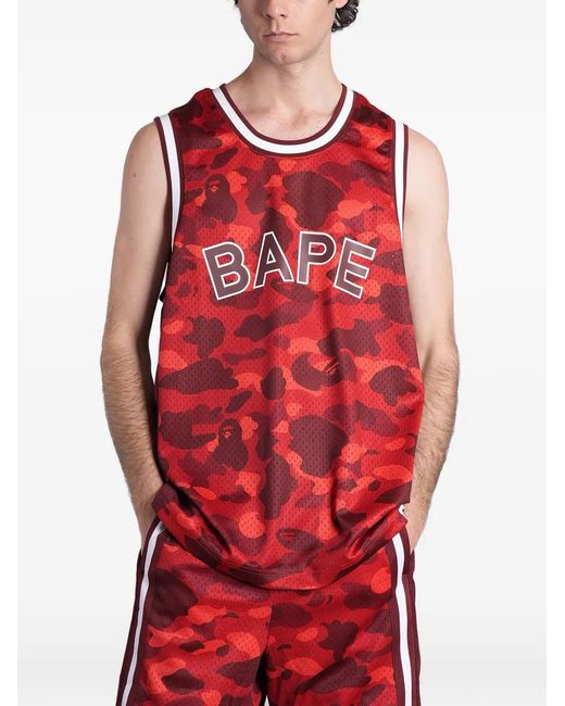 A Bathing Ape Red Camouflage-Print Mesh Tank Top for men