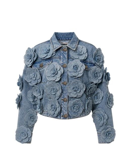 Philipp Plein Blue Cropped Denim Jacket All-Over Roses