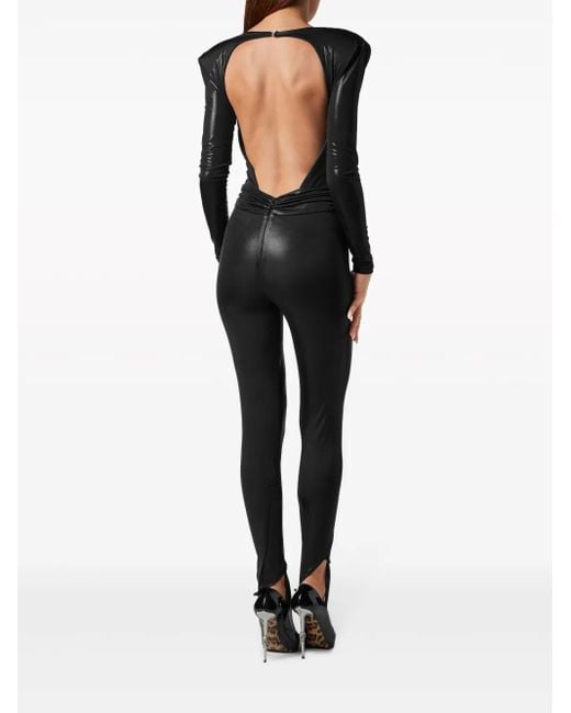 Philipp Plein Black Shoulder-Pads Lamé Jumpsuit