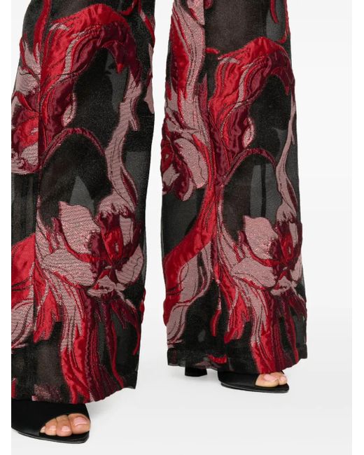 Alberta Ferretti Red Floral-Appliqué Straight-Leg Trousers