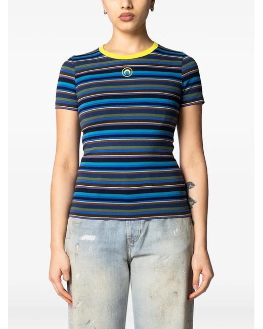MARINE SERRE Blue Stripe-Pattern T-Shirt