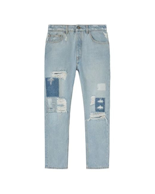 Palm Angels Blue Distressed Patchwork Jeans