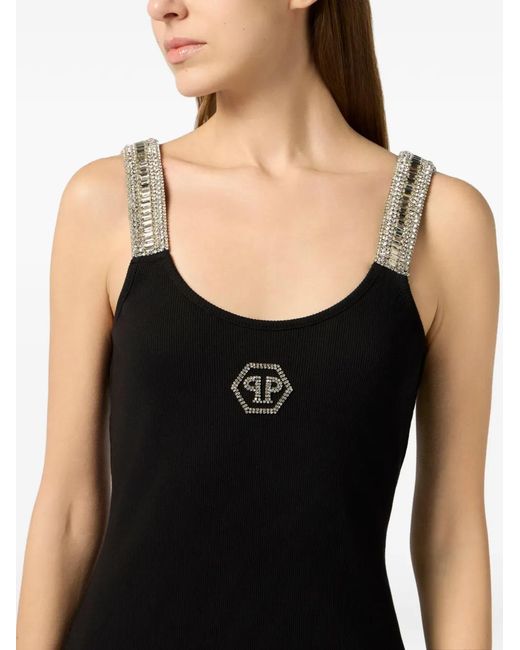 Philipp Plein Black Long Tank Dress Strass Hexagon