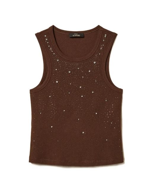 Twinset Brown Ribbed Top With Embroidery