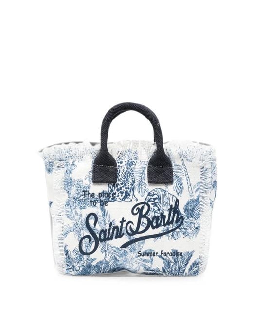Mc2 Saint Barth Blue Mini Vanity Fringed Logo-Print Tote Bag