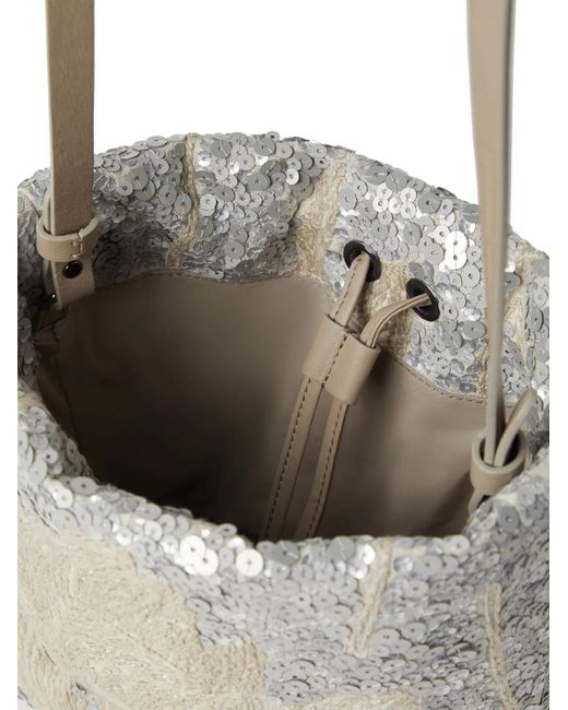 Brunello Cucinelli Natural Sequin-Embellished Linen Shoulder Bag