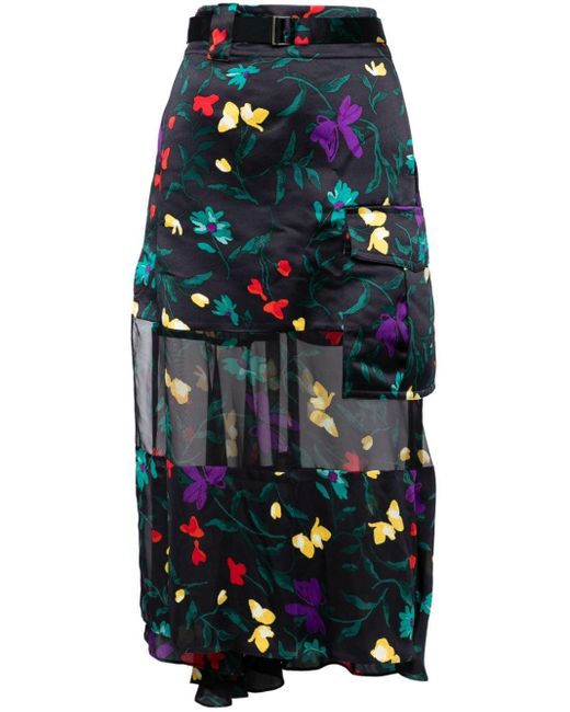 Sacai Blue Floral-print Panelled Skirt