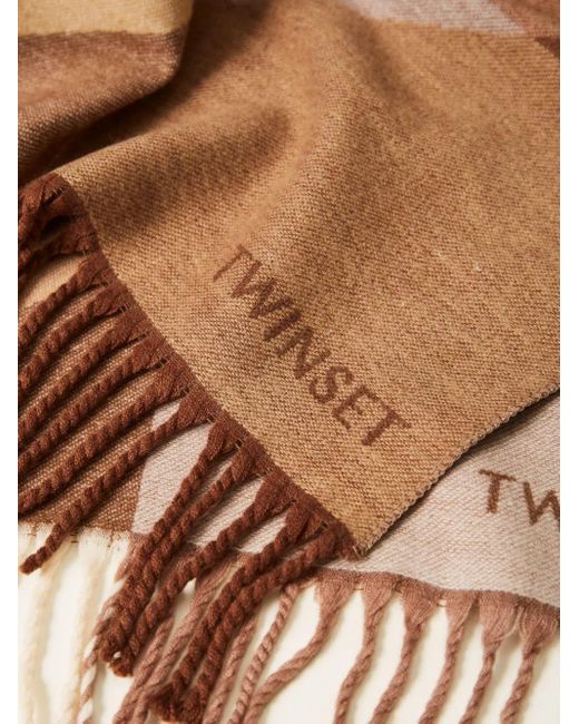 Twinset Brown Geometric-Pattern Fringed Scarf