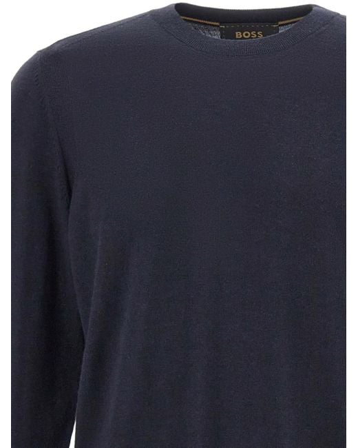 Boss Blue Crew-Neck Ribbed-Hem Sweater for men