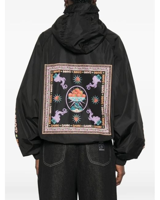 Ganni Black Logo-Print Hooded Jacket