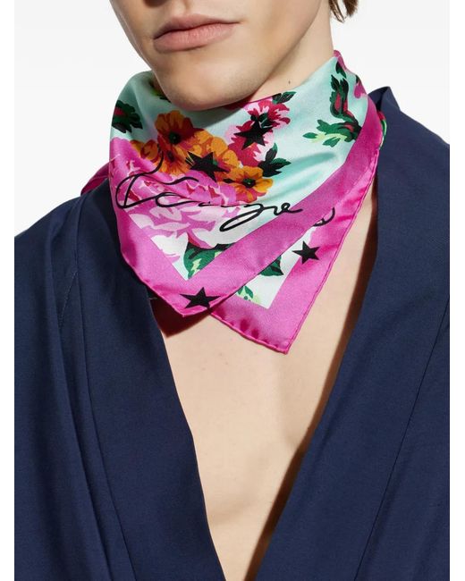 KENZO Blue Floral-Print Star-Print Scarf