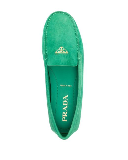 Prada Green Enamel Triangle-logo Suede Loafers - Women's - Calf Suede/calf Leather/rubber